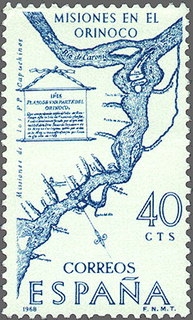 ESPAÑA 1968 1889 Sello Nuevo Forjadores de America Plano de las Misiones del Orinoco c/charnela Espana Spain Espagne Spagna Spanje Spanien 
